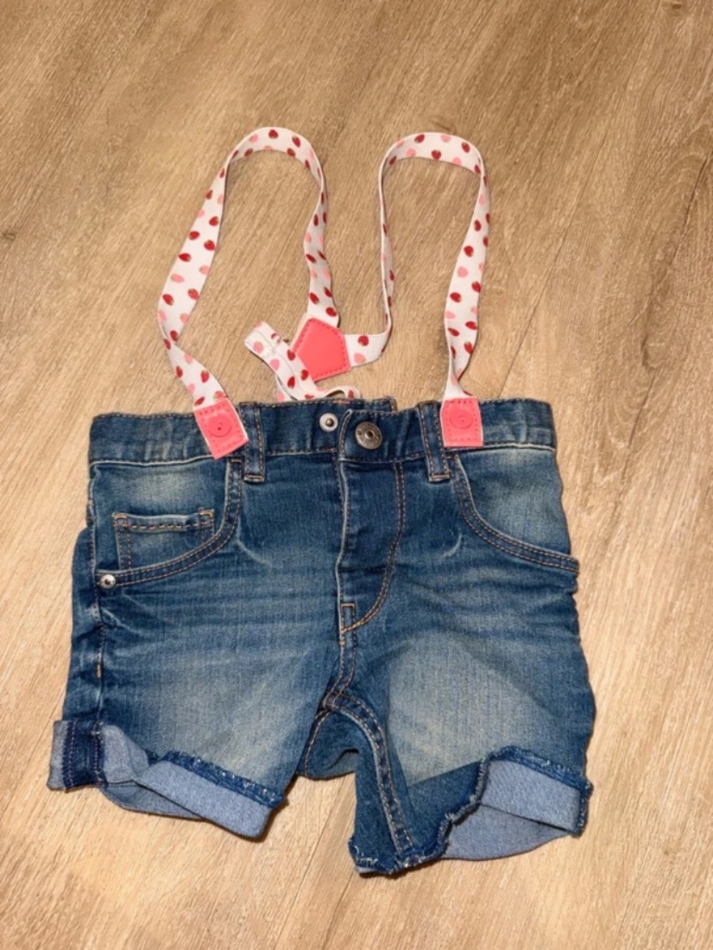 H&M Baby Denim Shorts with Strawberry Suspenders – 6-9M